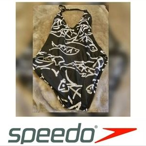 Speedo black and white halter one piece swimsuit